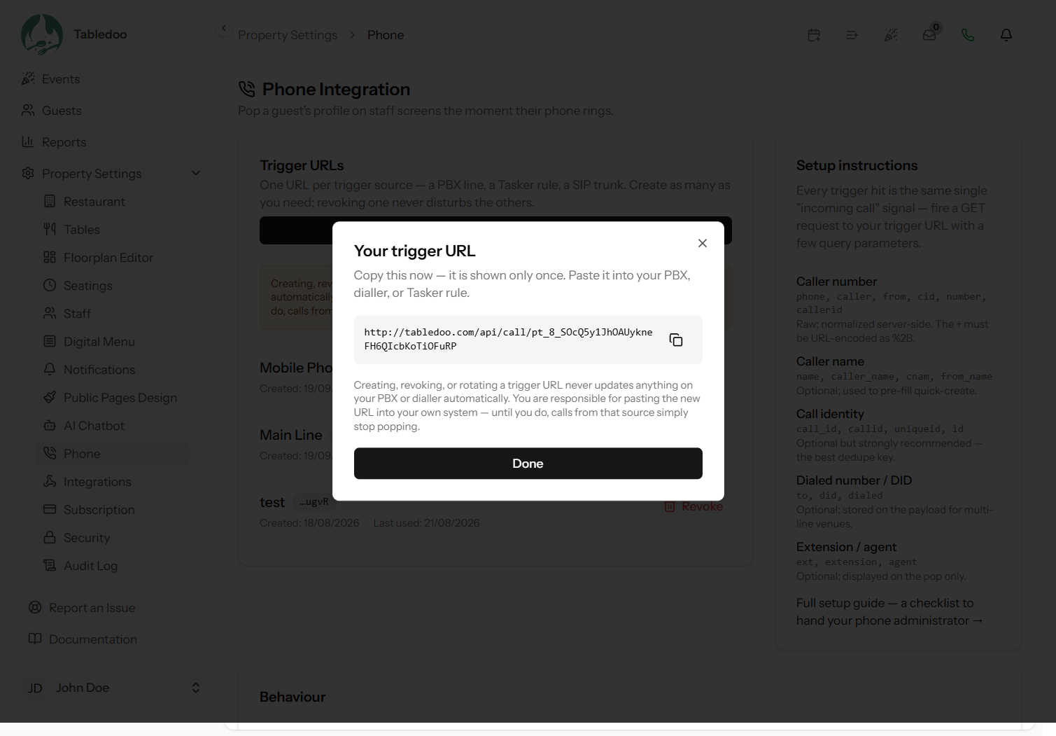 The Phone settings page showing a newly created trigger URL with a Copy button and the warning that it is shown only once