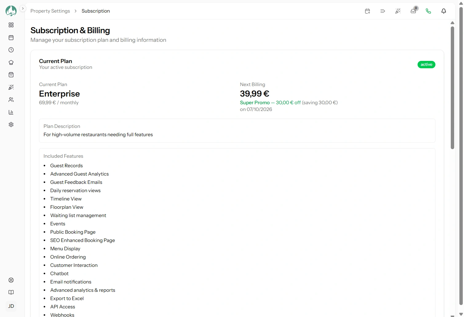 The Subscription settings page showing the current plan, next invoice, payment method and the included features list
