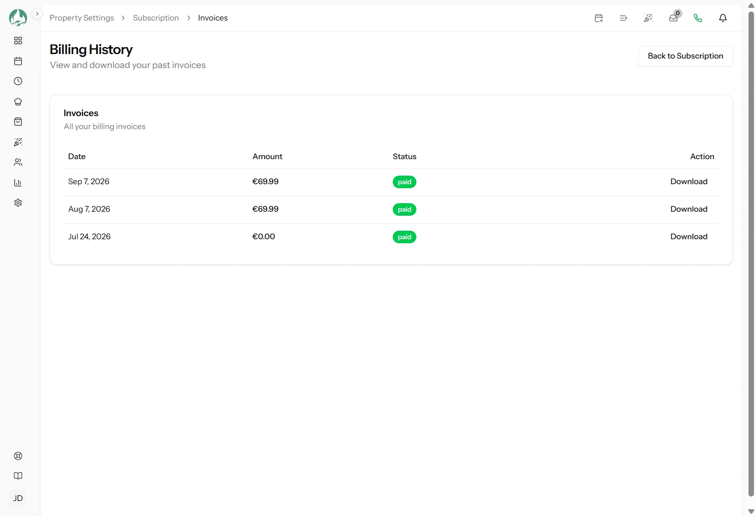The invoices list showing each invoice with its date, total, status and download link