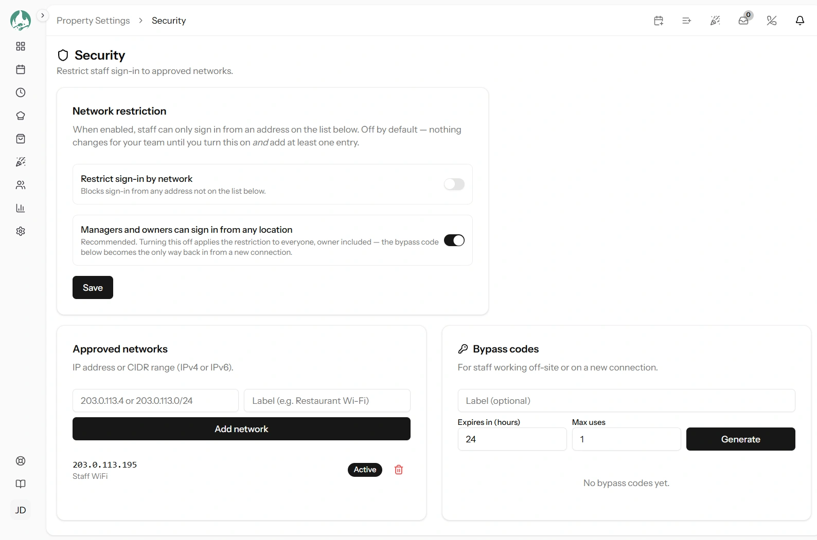 The Security settings page showing the allowlist entries table with addresses, labels, active state and expiry dates
