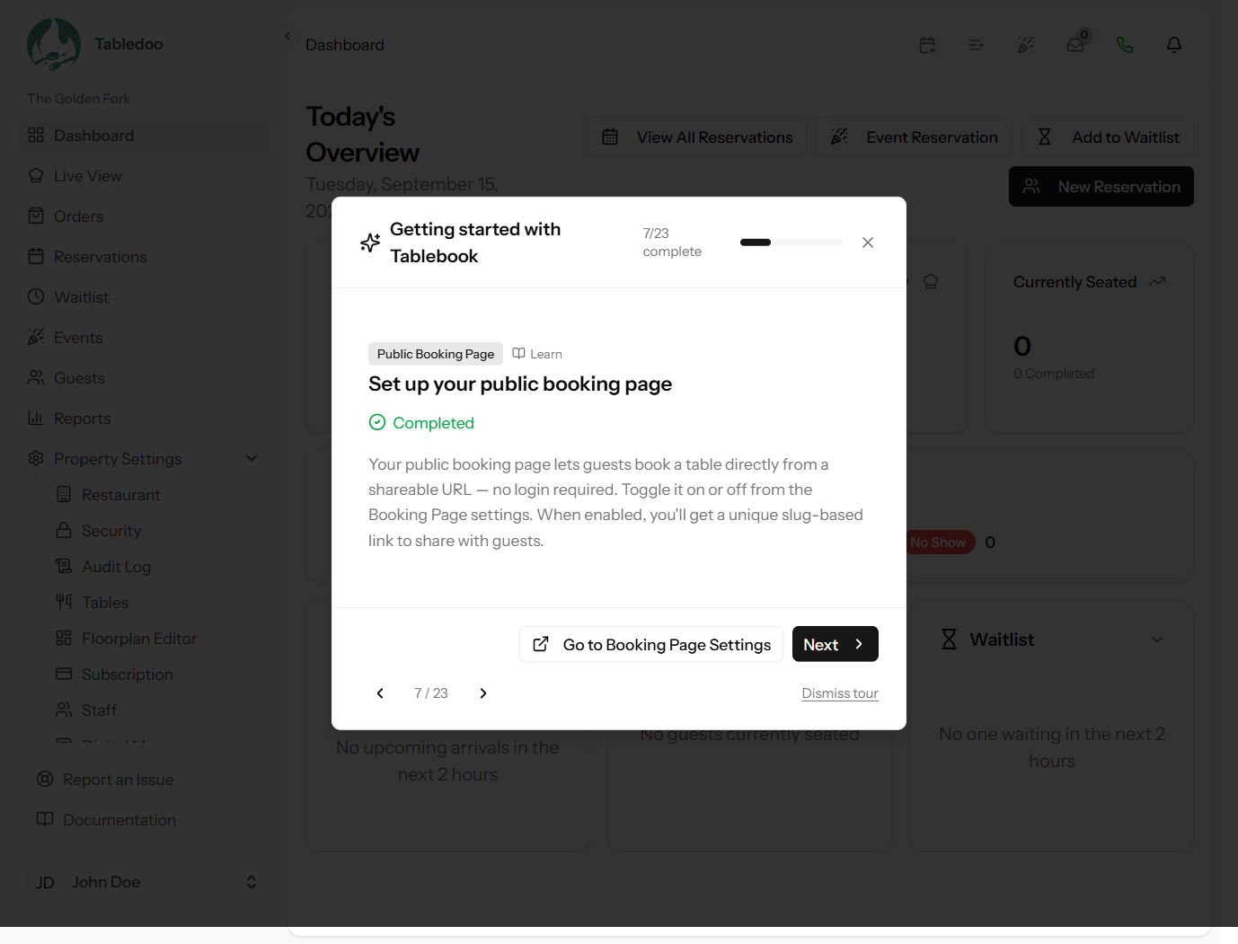 The setup wizard open on the Dashboard, showing the progress bar, a chapter name and the step's explanation with its action button