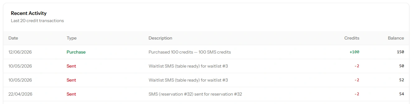 The Recent Activity table showing entries of different types with their credit change and resulting balance