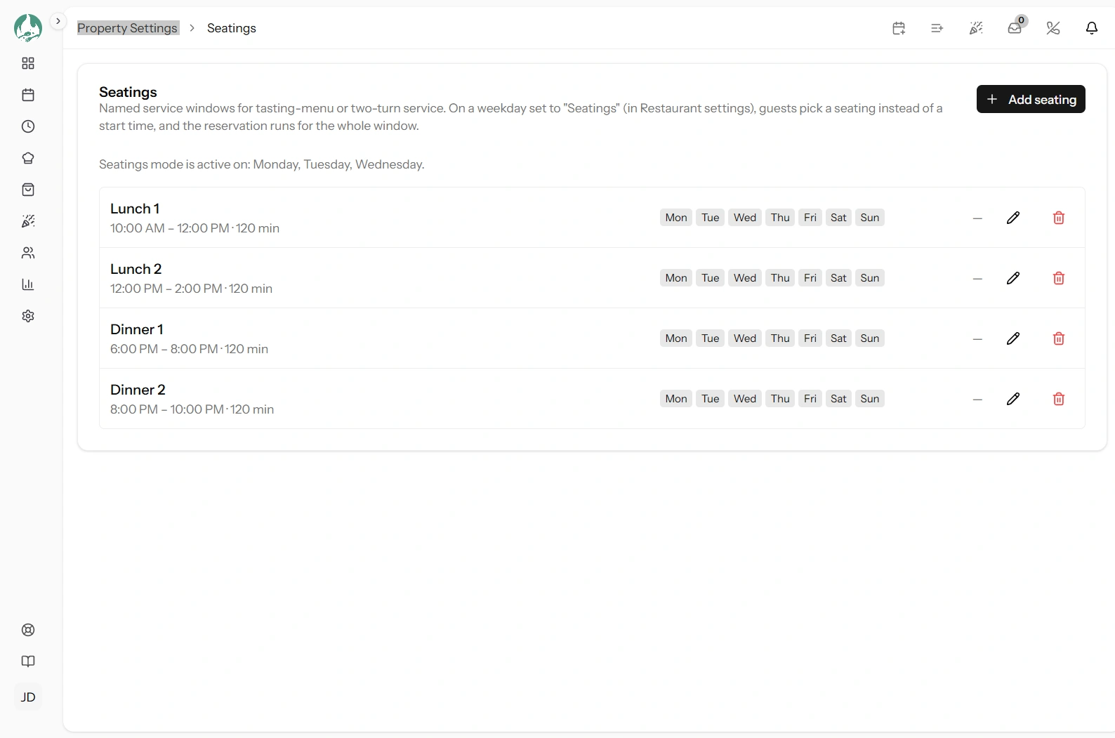 The Seatings settings page listing existing seatings with their labels, time windows, weekdays and max covers, with reorder handles