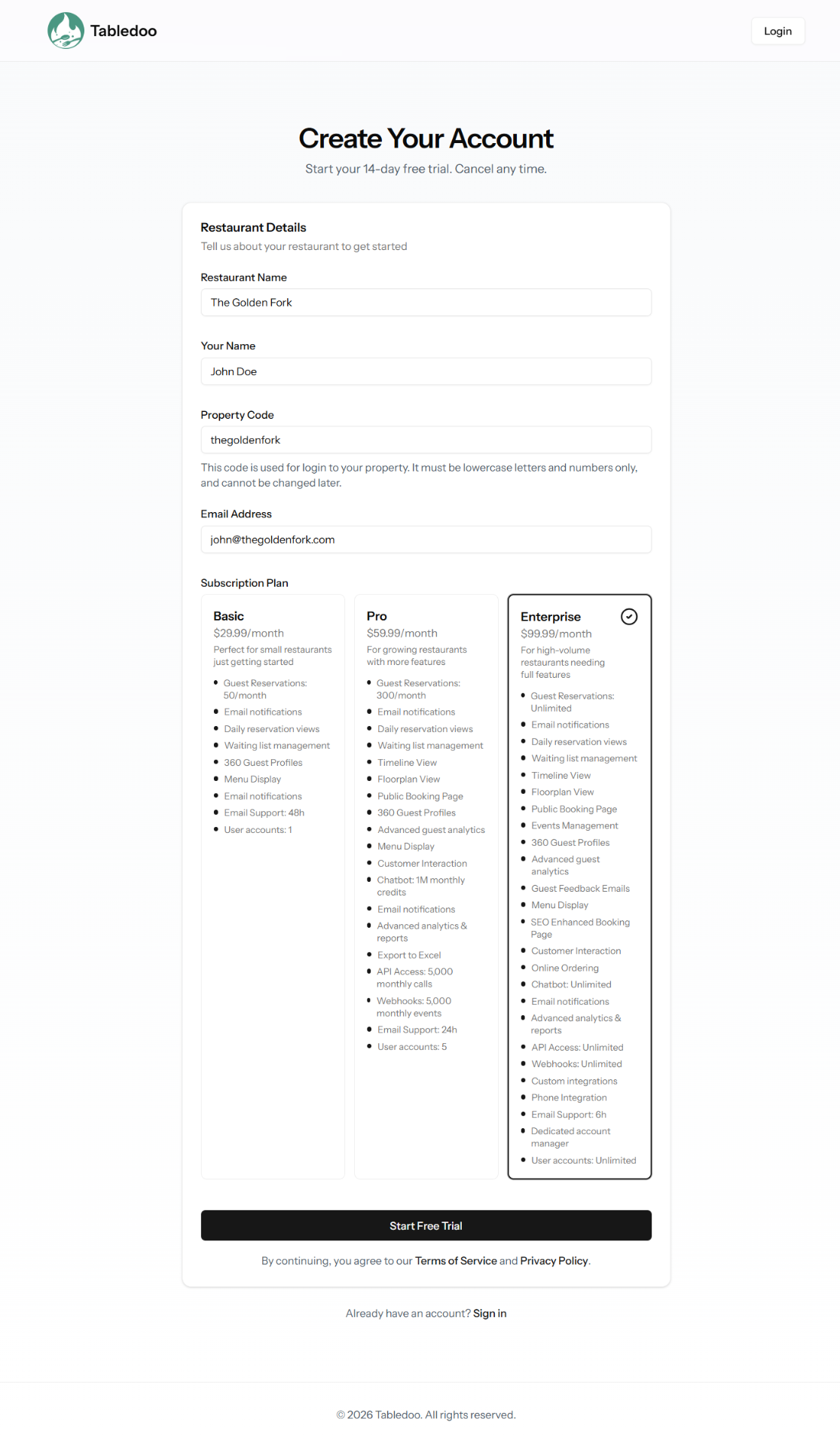 The registration form showing the Restaurant Name, Your Name, Property Code and Email Address fields