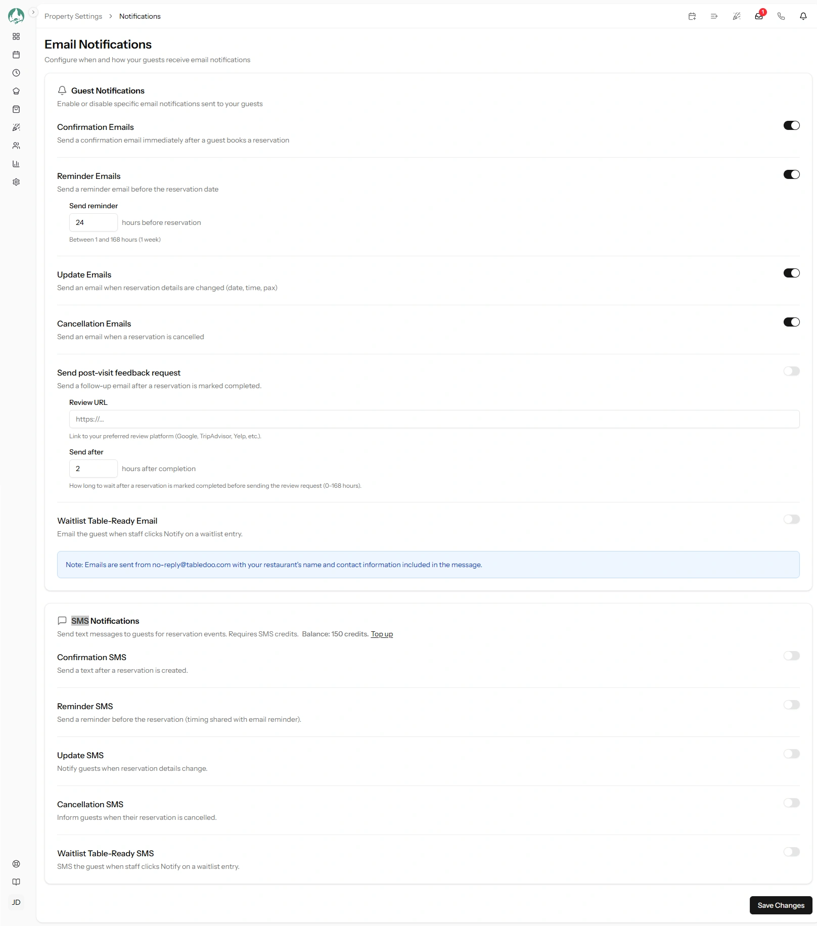 The Notifications settings page showing the email column, the SMS column with its credit balance, and the reminder and review request fields