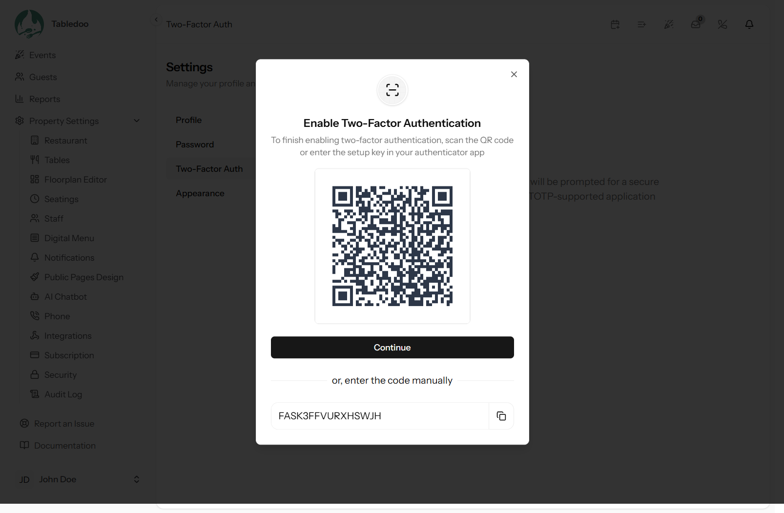 The Two-Factor Authentication settings page showing the QR code to scan and the field for confirming a code