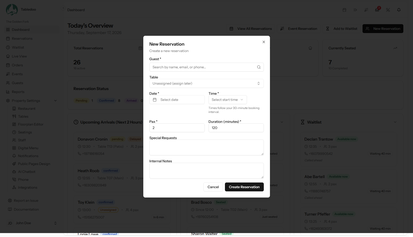 The new reservation form with the guest search, date, pax, time and table fields visible