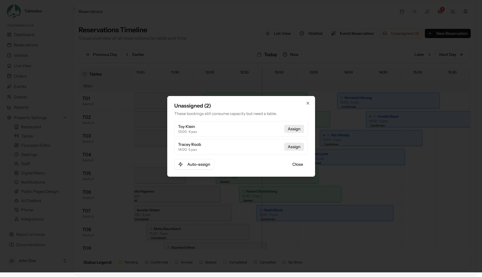The Timeline toolbar with the Unassigned button, and the tray open showing waiting bookings with Auto-assign and a per-row table picker