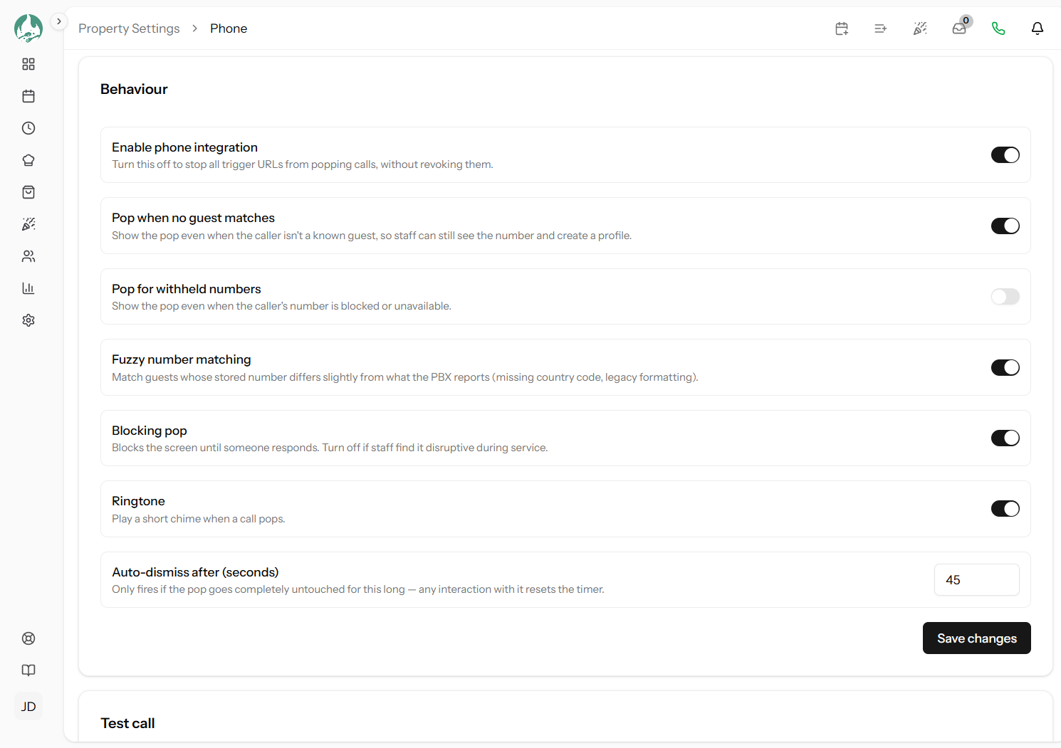 The Behaviour section of the Phone settings page showing the six toggles and the auto-dismiss field
